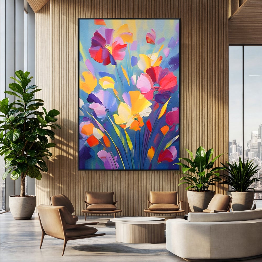 Tablou canvas cu pictura verticala cu flori colorate, in rama de aluminiu negru, pe perete intr-un birou